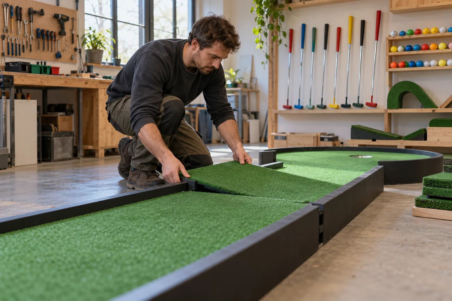 Een mobiele minigolfbaan in de werkruimte voorbereiden