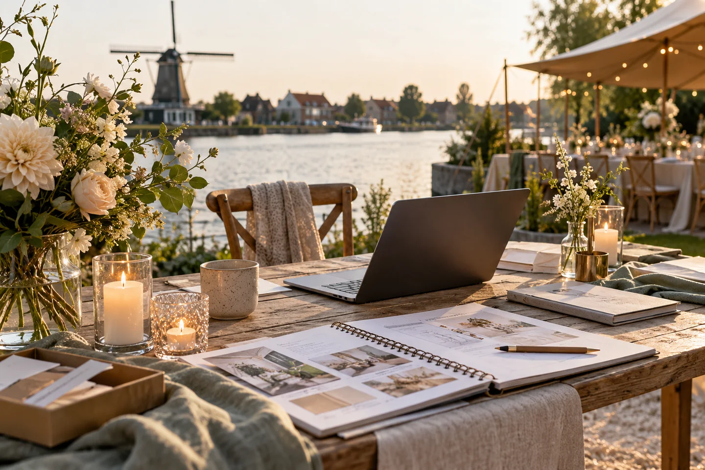 Notities en laptop voor een tuinfeest