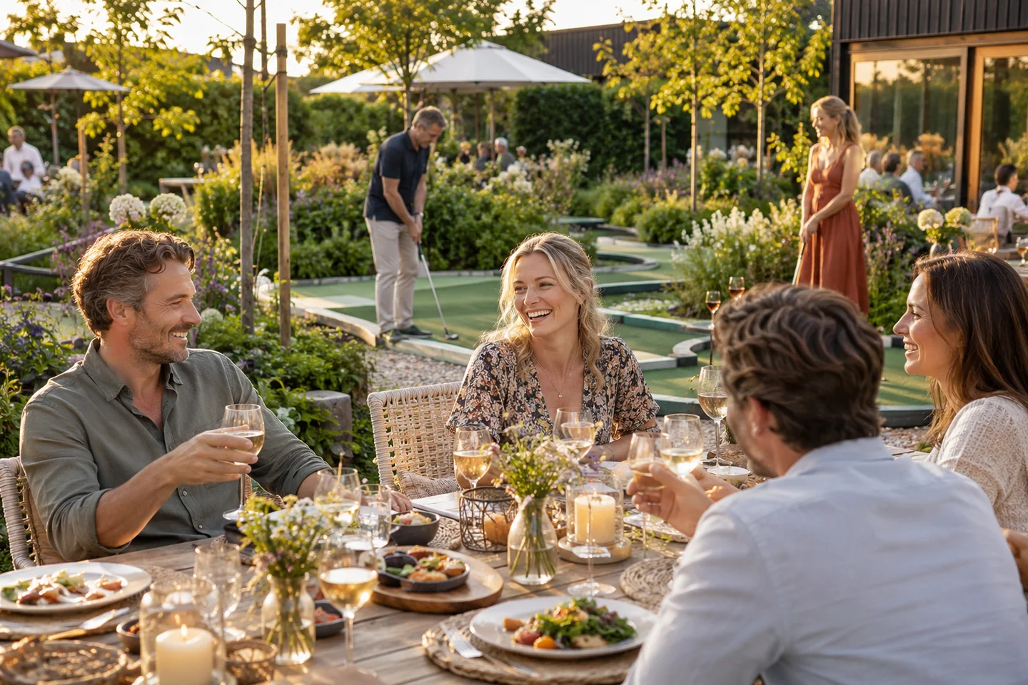 Volwassenen aan een tafel in de tuin