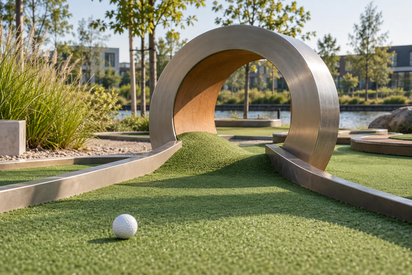 Minigolfbal bij een klein poortje Minigolfbal bij een klein poortje