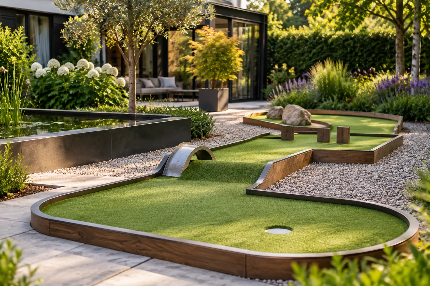 Verplaatsbare groene minigolfbanen in een tuin Verplaatsbare groene minigolfbanen in een tuin