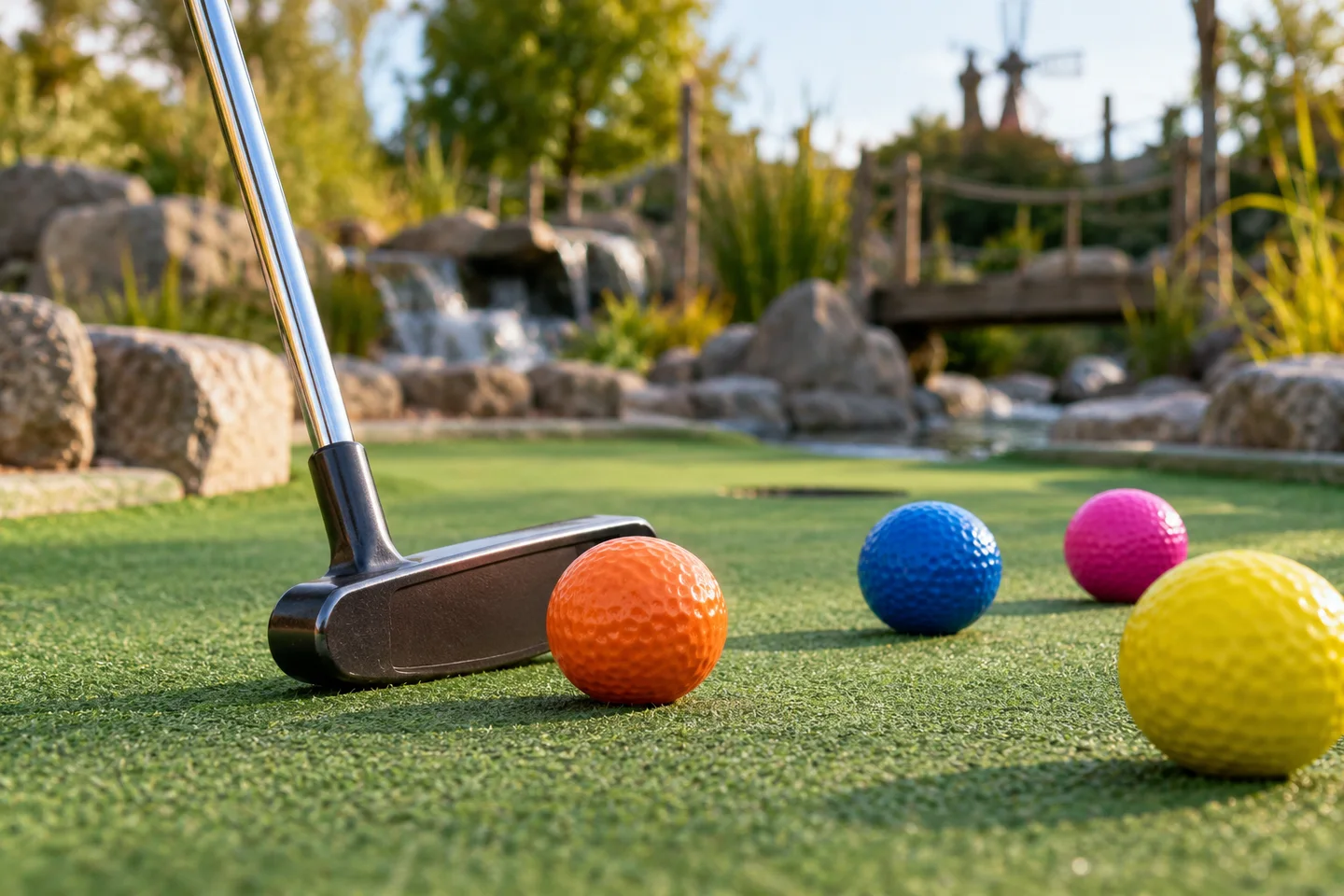 Putter met kleurrijke minigolfballen