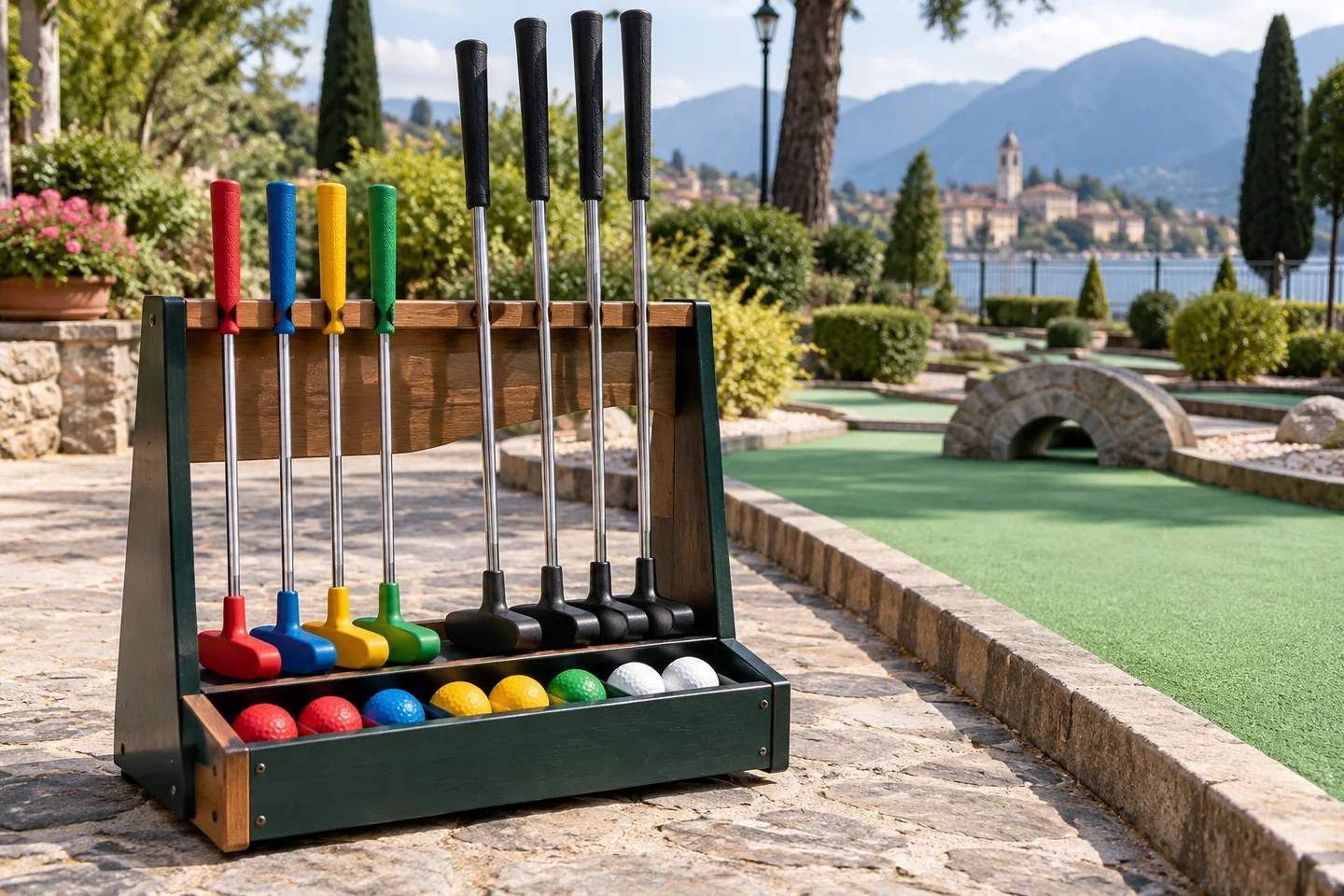 Korte putters en ballen in een compact rek